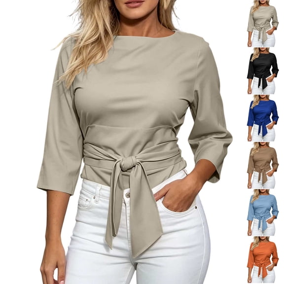TGSLY Waist Tie Tops for Women Lightweight Soft Boat Neck Solid Color Shirts Dressy Casual 3/4 Sleeve Stretchy Knit Blouses XXL