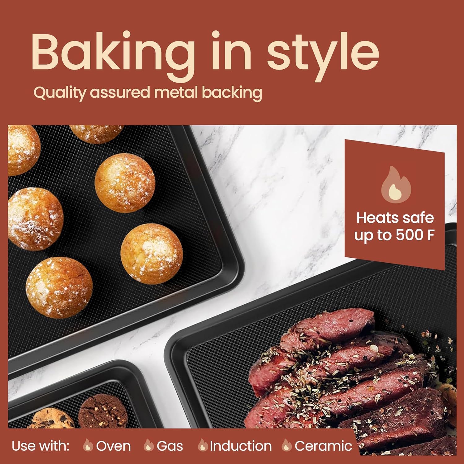 BAKKEN Baking Pan - Small, Medium, & Large Cookie Pan Nonstick, Diamond Texture Bottom, Oven Safe (450°F), Pack of 3, White Marble