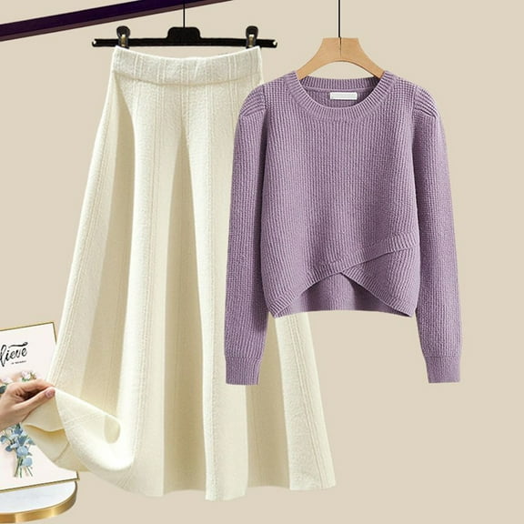 Letdown Womens 2 Piece Outfits Sweater Dresses Set Midi Skirt Sets Long Sleeve Crop Top Bodycon Ribbed Knit Dress Speing Fall (Beige1,L)