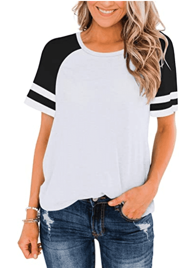 LASLULU Womens Short Sleeve Shirts Crew Neck Color Block Workout Top Casual Tunic Tops Athletic T-Shirt 