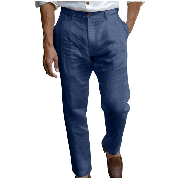 FNFYFH Mens Linen Pants Lightweight Slim Fit Straight Leg Pants Casual Button Business Pants Summer Beach Pants