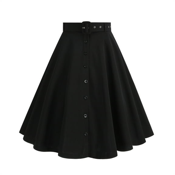 Women's Basic Stretchy Flared Casual Midi Skirt Vintage Pleated High Waist A-line Swing Skirts with Pockets Belts