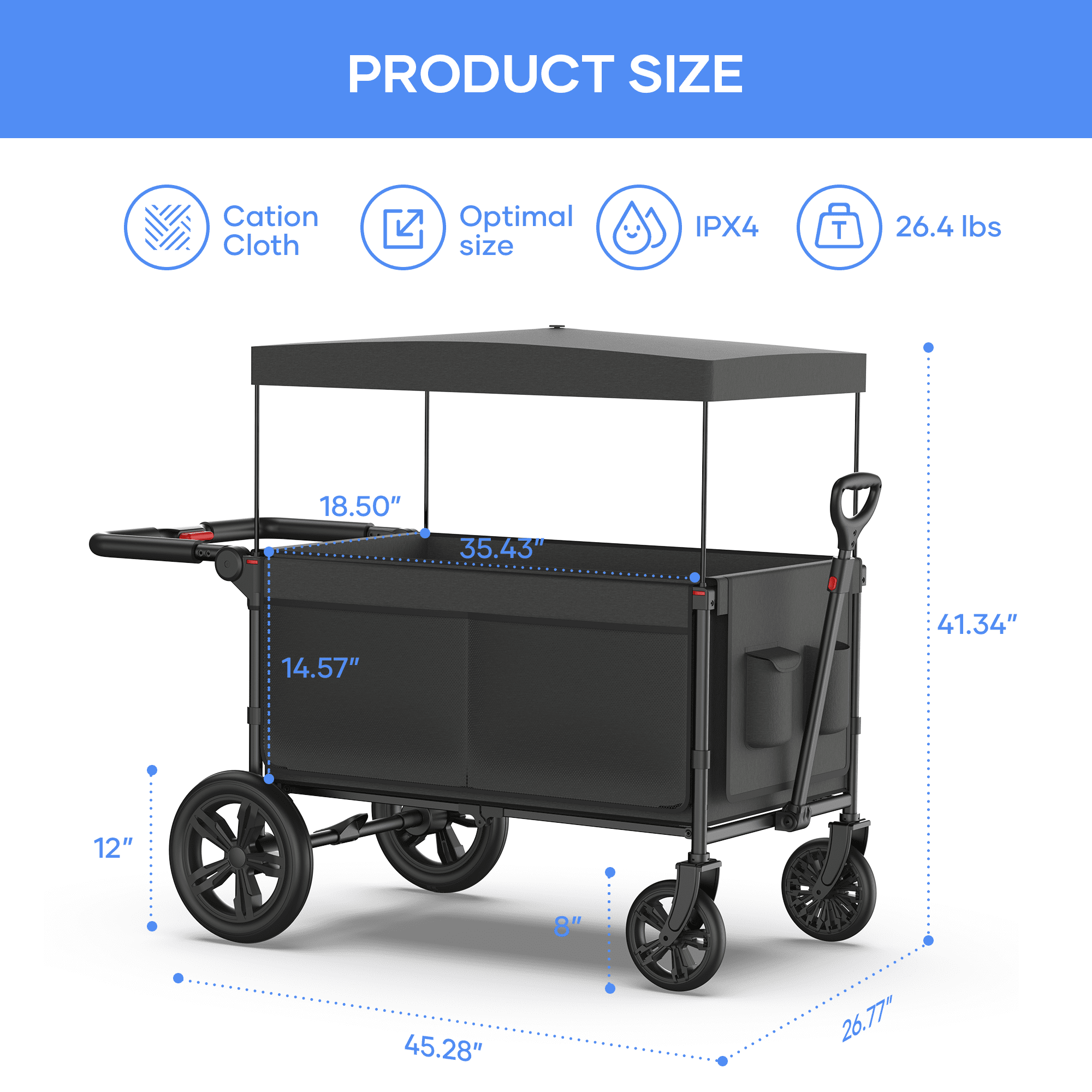 SaveJoy Stroller Wagon 4 Passenger, 4-Seater Wagon Stroller for 4 Kids with Canopy Parent Organizer & 5-Point Harness, Black