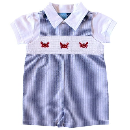 - Good Lad Newborn/Infant Boys Blue Seersucker Smocked Shortall Set with Crab Themed Embroideries