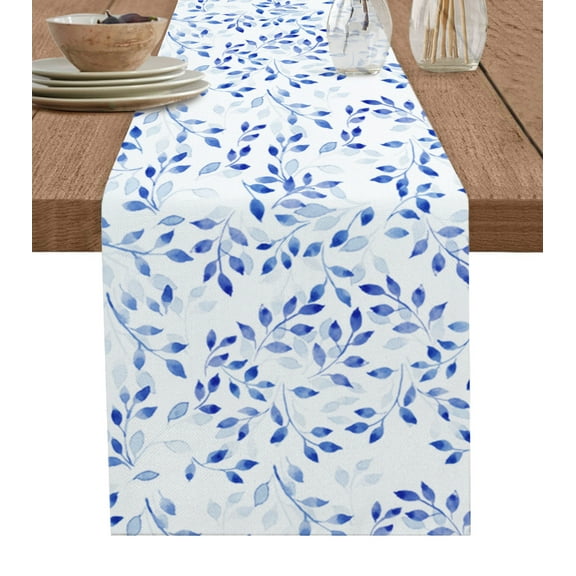 Table Runner Dresser Scarves 90 Inch Long, Watercolor Blue Botanical Leaves Linen Dining Table Runners Abstract Plants on White Tabletop Scarf for Wedding Holiday Party Kitchen