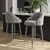 Solfway Swivel Bar Stools Set of 2, Counter Height Bar Stools with Back, 26 inch Tufted Velvet Barstools for Kitchen Island with Wood Legs and Footrest, Gray