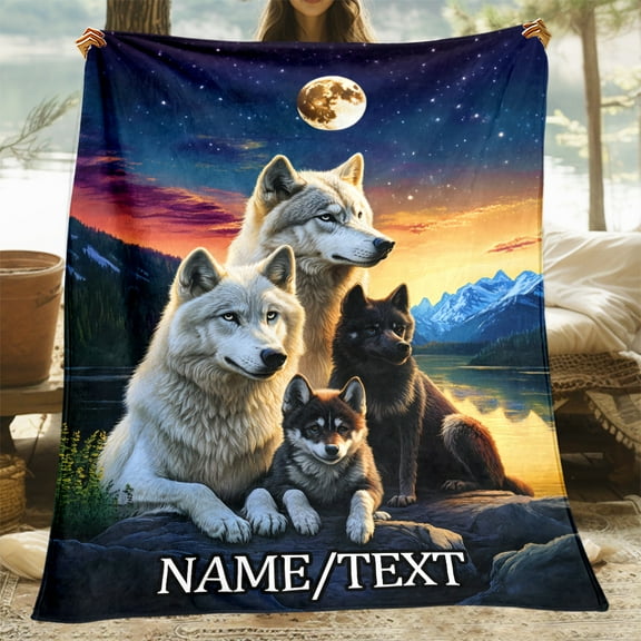 Customizable  Family of Wolves HD Print Fleece Blanket, Lightweight Flannel Throw for Sofa, Bed, Travel, Livingroom, Office, Couch and Bed - Digital Printing Polyester Blanket with Soft and Warm Fa