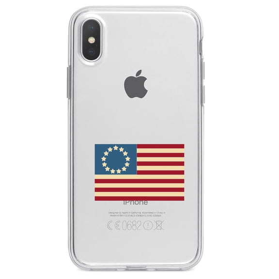 DistinctInk Clear Shockproof Hybrid Case for iPhone XR (6.1" Screen) - TPU Bumper Acrylic Back Tempered Glass Screen Protector - USA Colonial Flag Red White & Blue