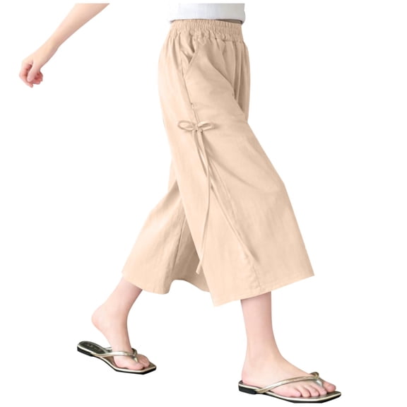 OGLCCG Girls Wide Leg Capri Pants Kids Bow Side High Waisted Loose Fit Cropped Pants Summer Comfy Lounge Trousers with Pockets 3-16 Years