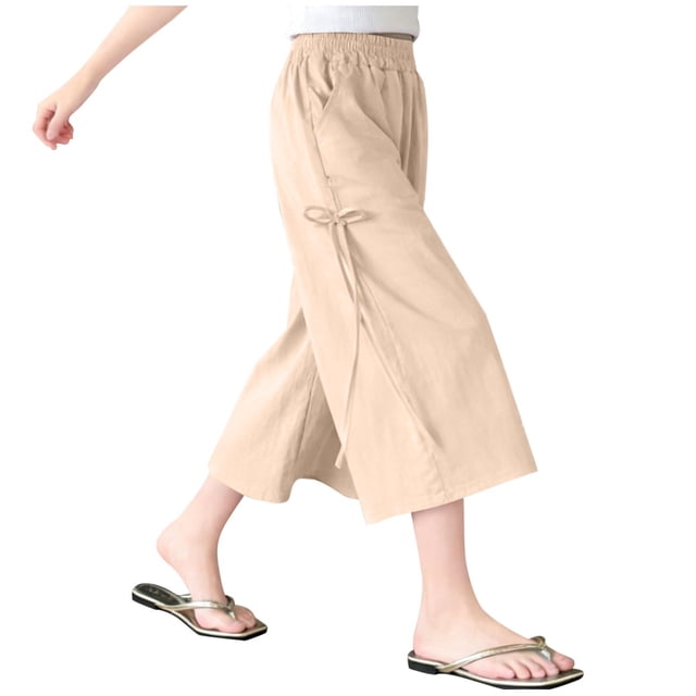Pantalones de verano finos para niñas de secundaria, pantalones casuales de pierna ancha con lazo para niñas de secundaria, pantalones de falda, pantalones de poliéster para niñas