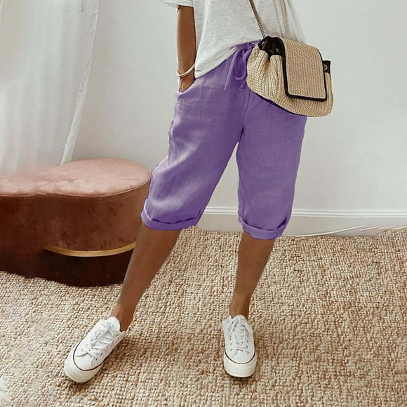 Hot Sale! Clearance! Women's Knee Length Short Pants Ladies Loose Drawstring Casual Solid Color Shorts Purple 2Xl