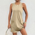 thumbnail image 5 of WIZUTIZ Womens Dresses Casual Loose Casual High Rise Mini Dress Solid Sun Dress Crew Neck Sleeveless Pleated Dress for Women's Cotton Pockets Super Soft Shopping Dress Khaki S, 5 of 6