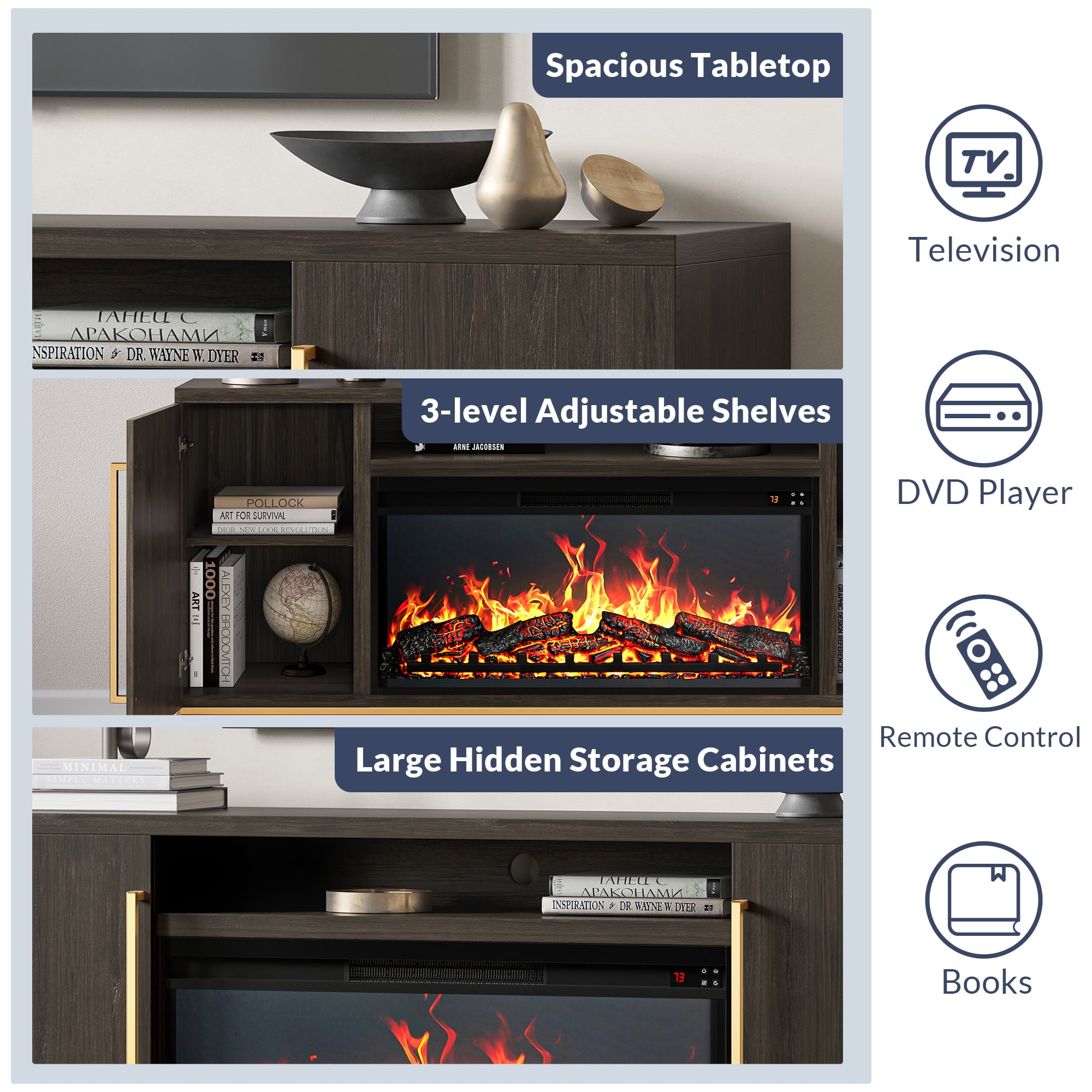 BELLEZE Fireplace TV Stand with 36" Electric Fireplace, Entertainment Center for TVs Up to 75", TV Console with Storage Cabinet and Open Shelf for Living Room, Bedroom - London (Dark Walnut)