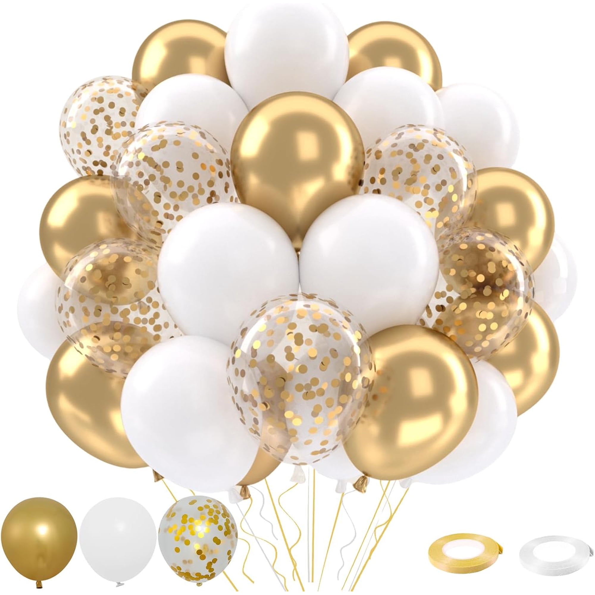 AUCLAY 60pcs Gold and White Balloons Kit, 12 inch White Metallic Gold Confetti Latex Balloon for Birthday Wedding Engagement Party Decorations