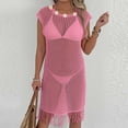 thumbnail image 5 of Maqroz Mesh Cover Up Dress Women Round Neck Cap Sleeve Beach Tunic Flower Decor Fringe Hem Swimsuit Coverup Summer Mini Dress, 5 of 7