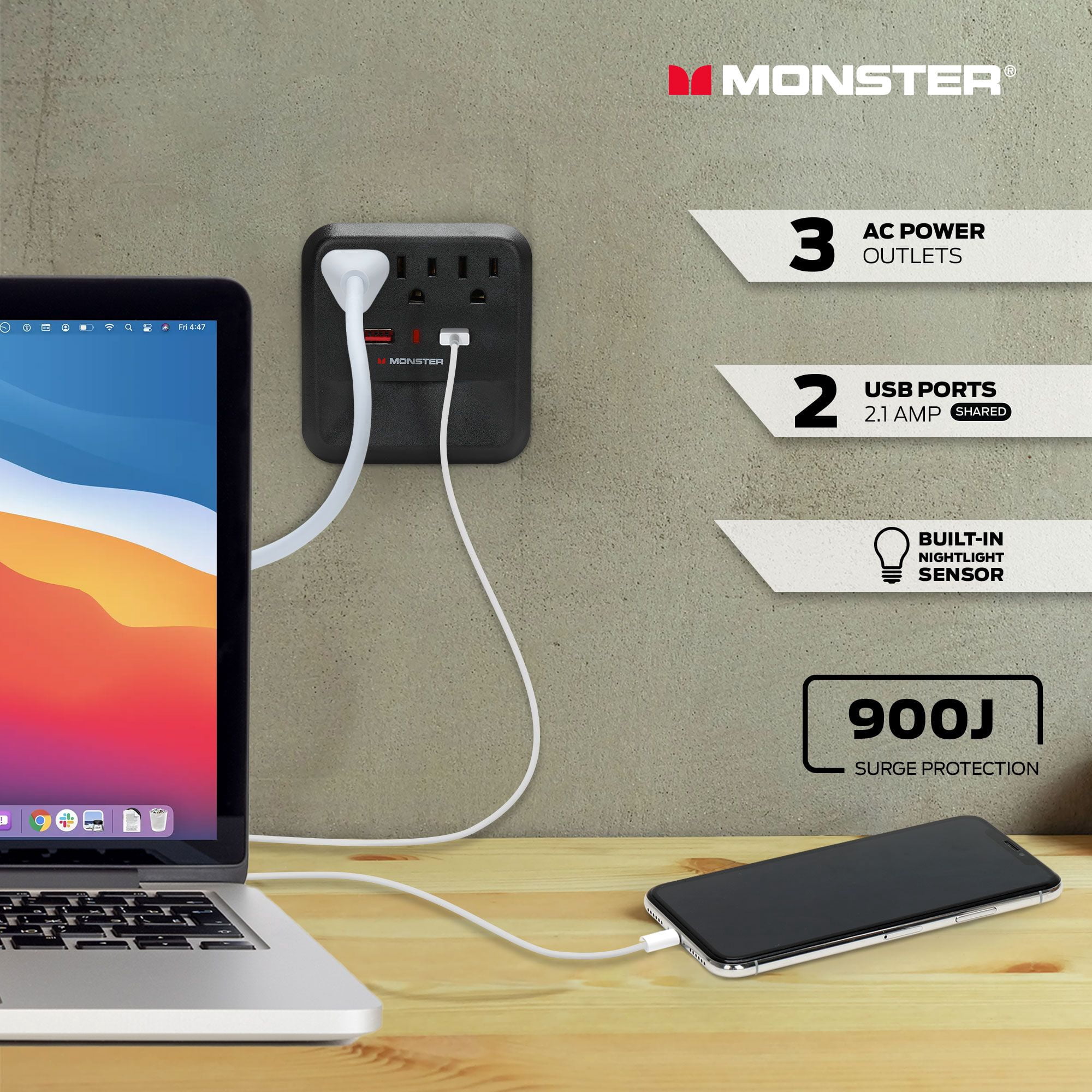Monster 900J Wall Tap Surge Protector: 3 Grounded Outlets & 2 USB Ports