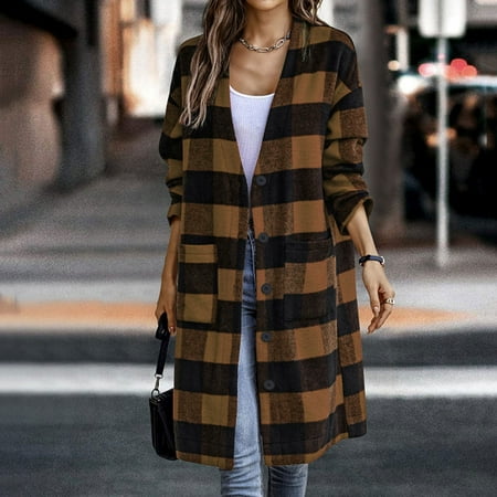 

Tawop Scrub Jackets For Women Lapel Plush Plaid Long Coats For Women