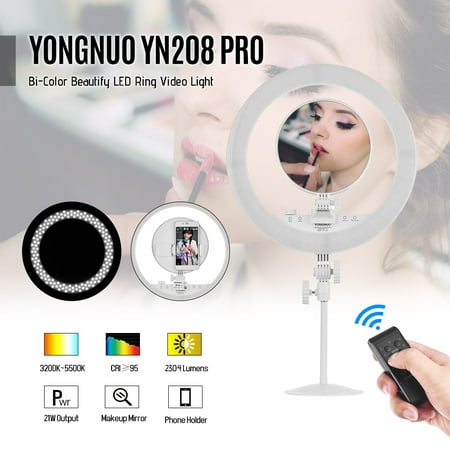 YONGNUO YN208 PRO 3200K-5500K Bi-Color LED Video Light Ring Type Beautify Fill light with Make-up Mirror Remote Control Support Mobile APP Contorl for Portrait Photography Live Show Beauty
