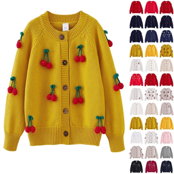 Hrsba Girls Cardigan, Solid Color Cotton Knit Round Neck Handmade Embroidery Long Sleeve Cross Border Casual Daily Knit Cardigan