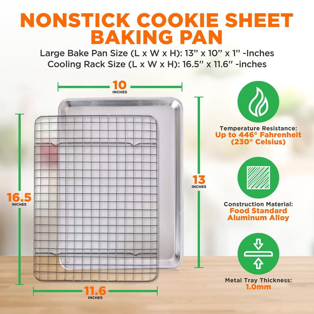 NutriChef Non-Stick Baking Sheets, Cookie Pan Aluminum Bakeware with Cooling Rack