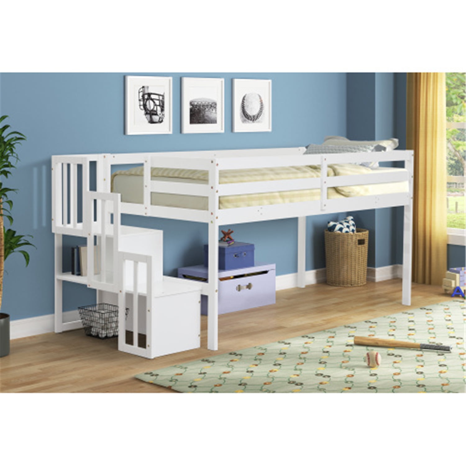 Twin Loft Bed Frame with Storage Staircase and Under Bed Space, White