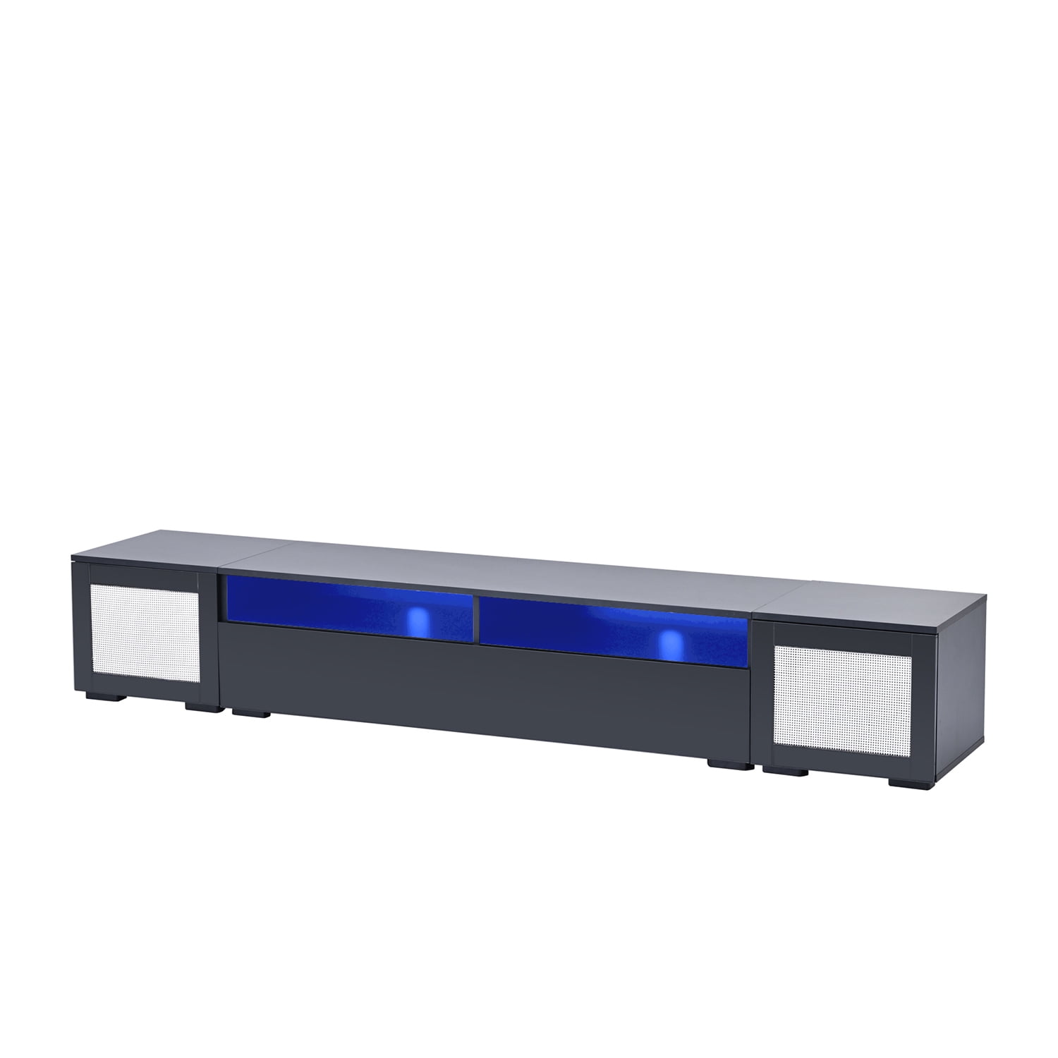 Kadyn Rattan Style Entertainment Cente, Particle Board TV Console Table with Push to Open Doors and Color Changing LED Lights, Modern TV Stand for TVs Up to 90”, Black Kadyn Rattan Style Entertainment Cente, Particle Board TV Console Table with Push to Open Doors and Color Changing LED Lights, Modern TV Stand for TVs Up to 90”, Black