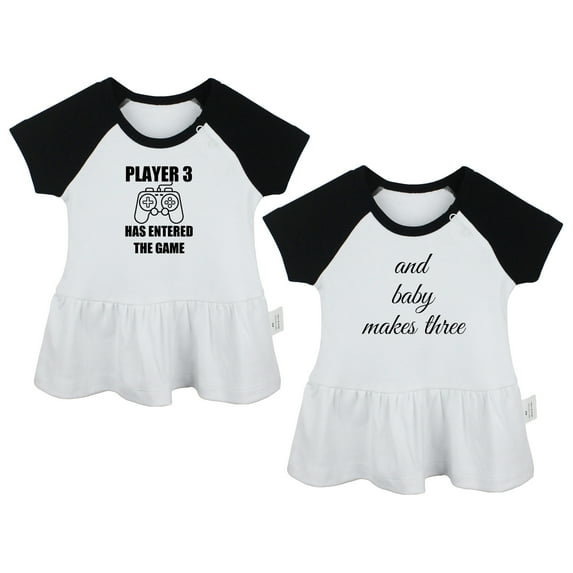 Pack of 2, Player 3 Has Entered The Game & And Baby Makes Three Funny Dresses For Baby, Newborn Babies Skirts, Infant Princess Dress, Toddler Frocks (Black Raglan Dresses, 0-6 Months)