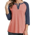 thumbnail image 2 of 3/4 Sleeve Raglan Shirts for Women Color Block Henley Blouse Button Tunic Tops(Navy Sleeve M), 2 of 5
