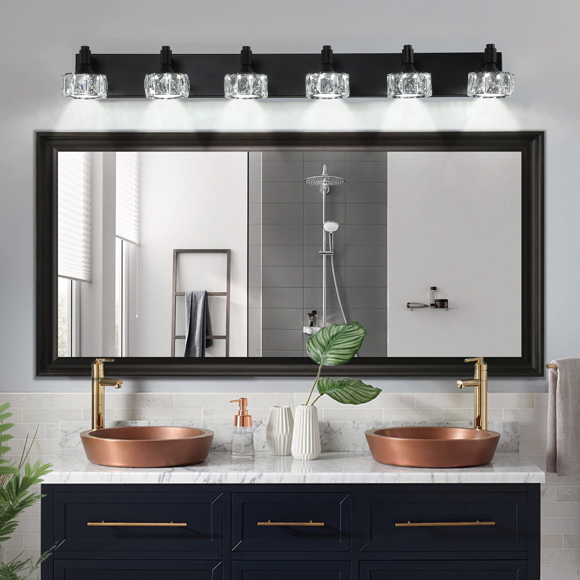 Jopath Modern 6-Light Matte Black LED Vanity Light Fixture with Crystal Glass Shades, Elegant and Contemporary Bathroom Wall Sconce for Bathroom Vanity Mirror