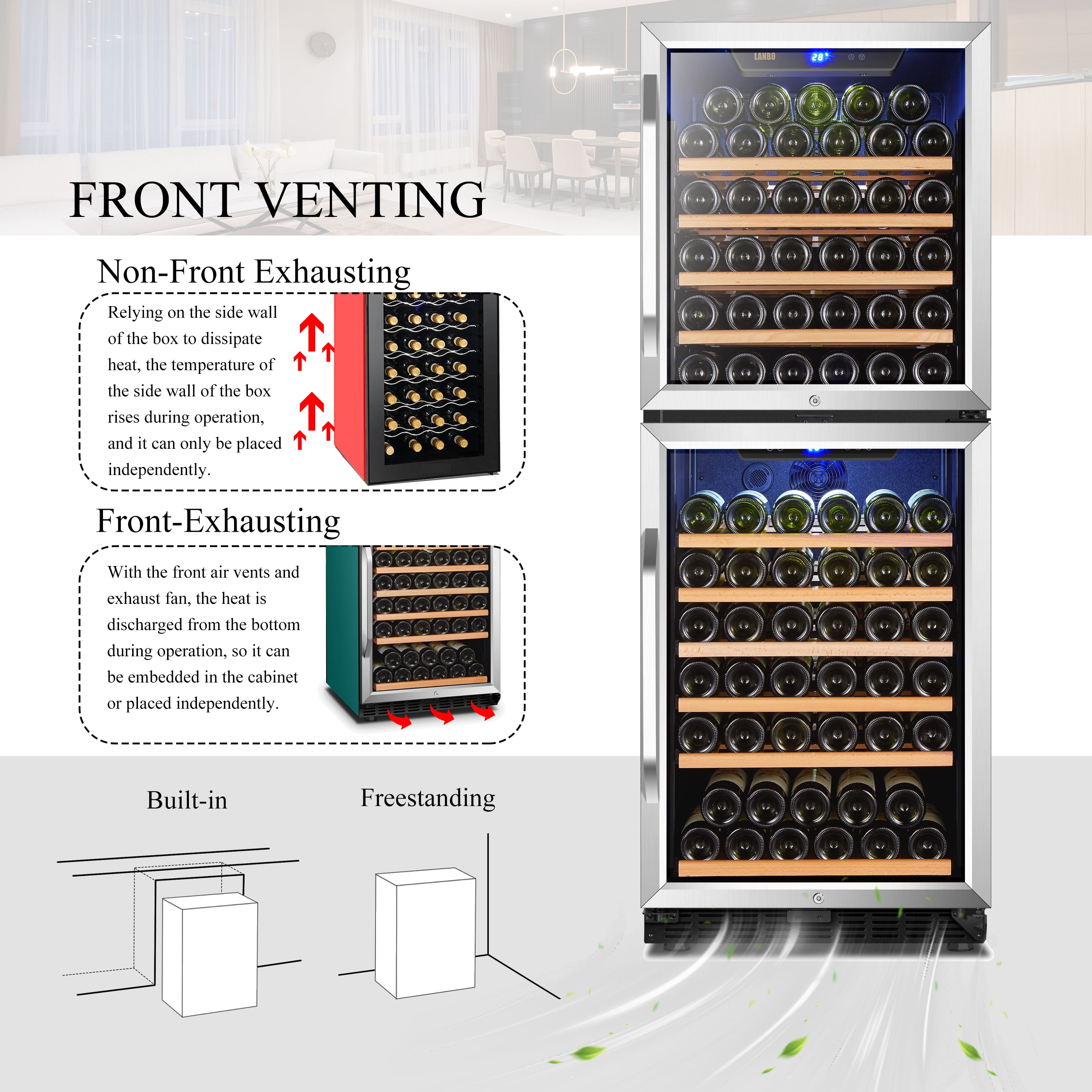 Lanbo 130 Bottle Built-in Dual Zone Wine Refrigerator 24 inch Width
