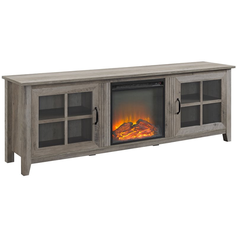 70" Farmhouse Wood Fireplace TV Stand with Glass Doors - Grey Wash ...