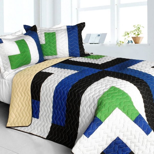 Azul Verde Blanco y Tan Rayas Adolescente Ropa de Cama Full/Queen Colcha Set Moderno