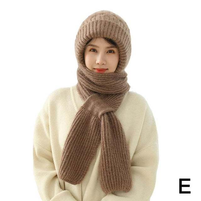 Winter Knitted Integrated Hat Scarf Set Cold Proof Ear Protection Scarf Warm Beanies Cycling Windproof Ladies Outdoor Caps E