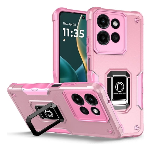 Rosebono Compatible With Motorola Moto G Power 2026 Case, Hybrid Metal Ring Magnetic Support Kickstand Protective Defender Armor Cover Case (Pink)