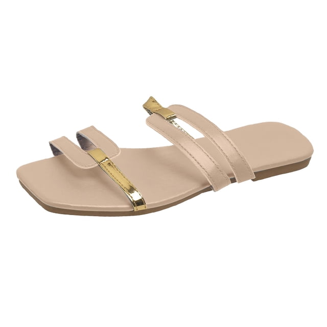 Women's Slip On Flat Sandals Fashion Square Open Toe Slides Lightweight Non Slip Color Blocking Slippers for Summer Beige Size 6