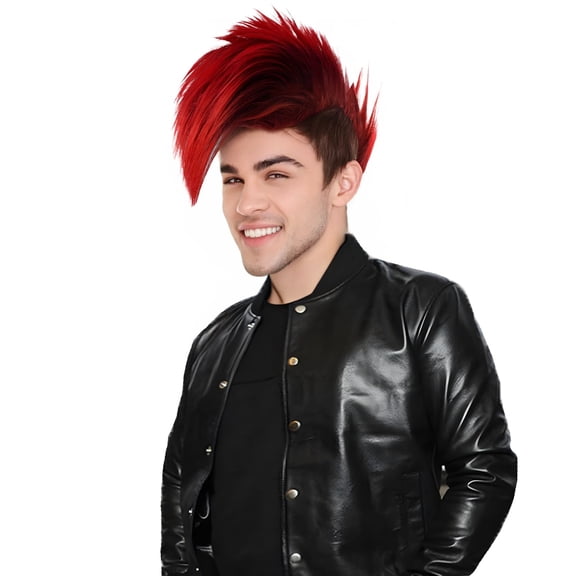 HPO Adult Red Mohawk Wig for Men - Punk Rock Spiky Halloween Cosplay Wig for Crazy Hair Day
