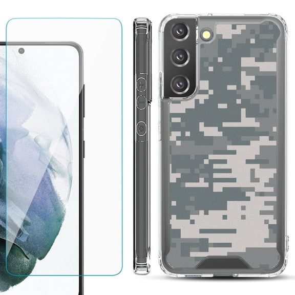 Shockproof Bumper Phone Case for Samsung Galaxy S22 5G, with Tempered Glass Screen Protector, by OneToughShield ® - Digital Camo