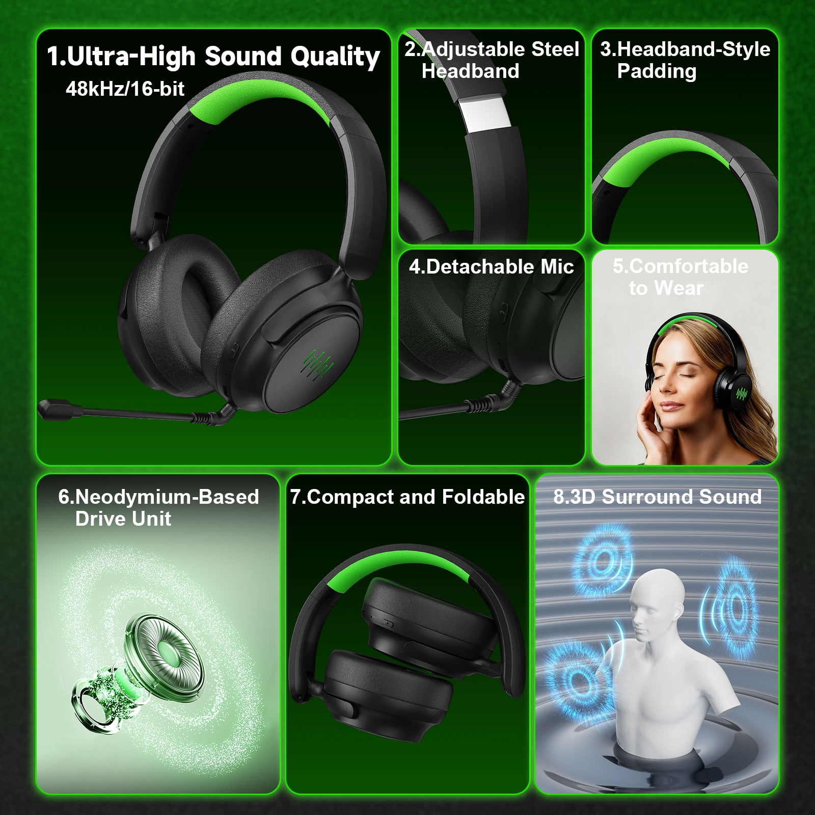 Wireless Gaming Headset for Xbox with Game/Chat Audio Balance, Mic Mute, Bluetooth, 3D Surround Sound, Foldable Bluetooth Headset Works with P5, Mac, PC, Switch - Long Battery Life
