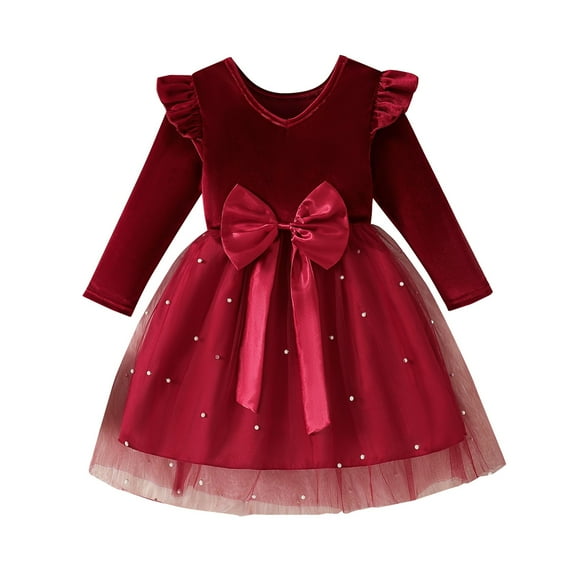 Mercatoo Toddler Girls Christmas Dress 2 Piece Velvet Sequin Tulle Layered Long Sleeve 𝐑uffle Skirt Kids Holiday Part𝐲 Dresses