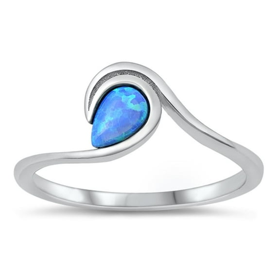 CHOOSE YOUR COLOR Pear Blue Simulated Opal Beach Ring .925 Sterling Silver Wave Band CZ Female Size 6