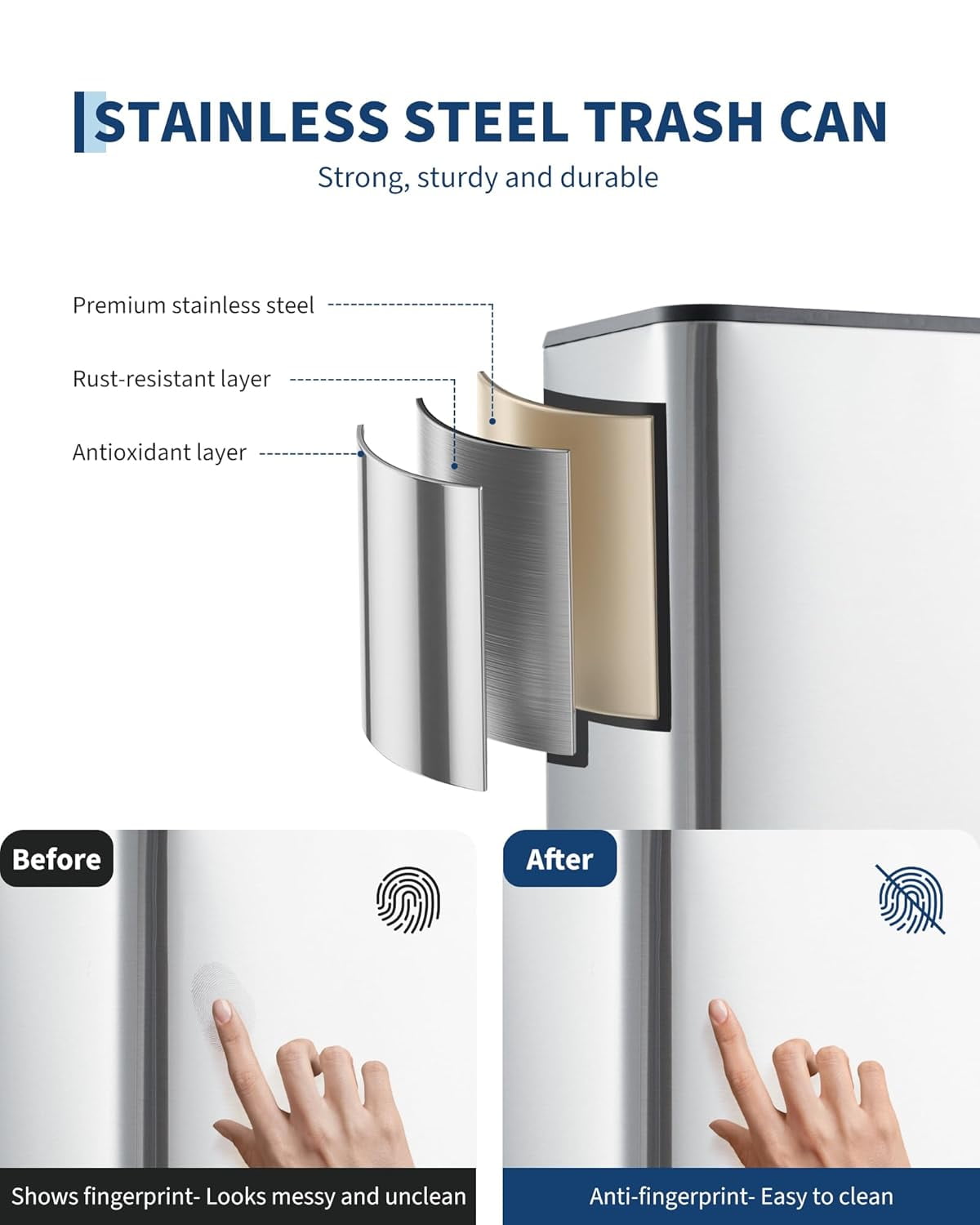 4 Gallon Bathroom Trash Can,Small Stainless Steel Garbage Can with Soft-Close Lid, Foot Pedal & Removable Inner Bucket, Rectangular for Home,Office,Silver