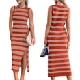 thumbnail image 2 of EFINNY Women's Sleeveless Crew Neck Bodycon Maxi Dresses Side Slit Knit Striped Long Tank Dress Casual Beach Vacation Long Dress, 2 of 7