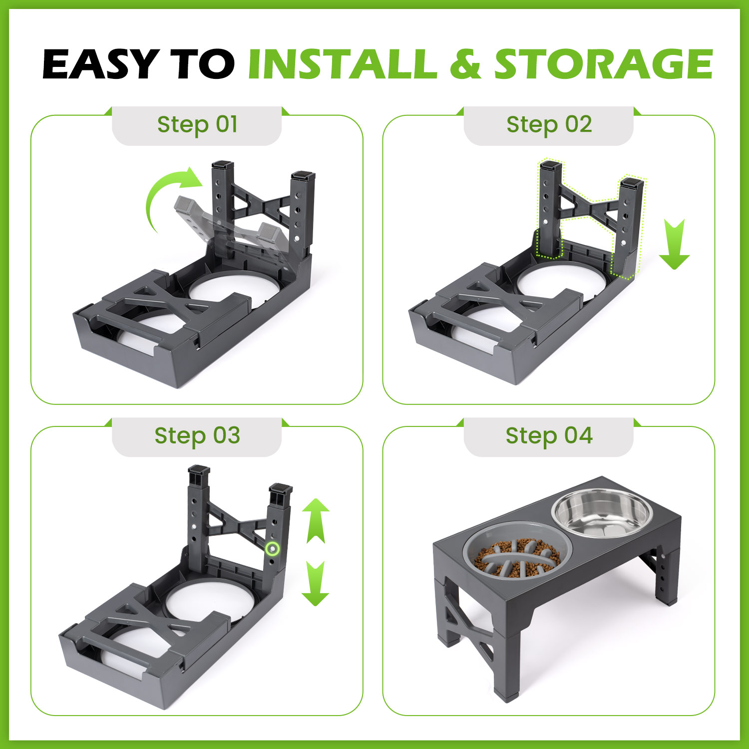 Elevated Dog Bowls Stand with 2 Stainless Steel Bowls & 1 Slow Feeder Adjusts to 5 Heights for Small Medium and Large Dogs(Gray)