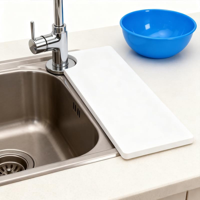 DSstyles Two-piece large stone drain mat set, suitable for kitchen countertops and sink faucets, made of quick-drying and absorbent diatomaceous earth, white.