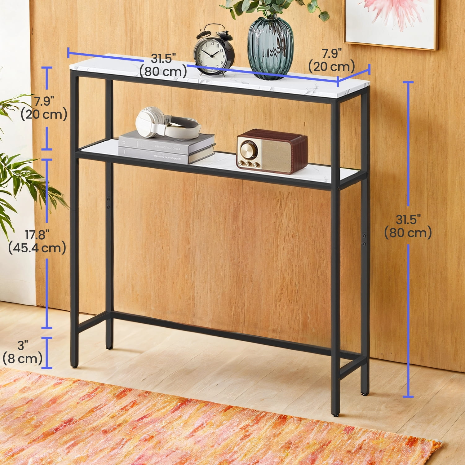 LEDREM 31.5" Modern Console Table, 2-Tier Narrow Sofa Table with Adjustable Feet, Entryway Shelf, Marble White and Black