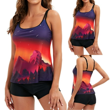 

Womens Plus Size Swimwear Clearance Women Print Strappy Back Tankini Set Two Piece Swimdress Panty Bathing Suit Beachwear Red Xxl
