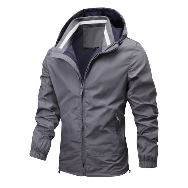 WRKEKC Men's Windproof Hardshell Jacket Long Sleeve Hooded, Breathable Outdoor Solid Color Coat for All Weather Activities Gray XXL