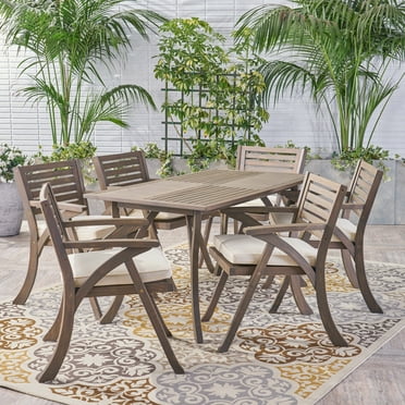Noble House Hermosa 7 Piece Traditional Outdoor Dining Table Set, Gray/Cream