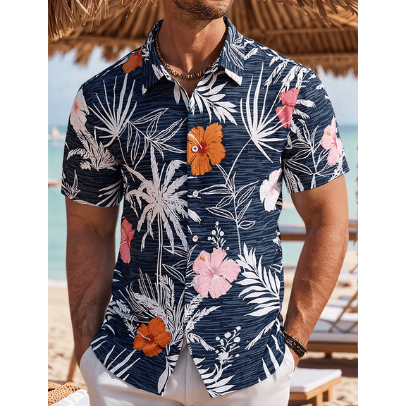 Men's Floral Hawaiian Shirt, Short Sleeve Button Down Tropical Beach Shirt, Casual Aloha Shirt