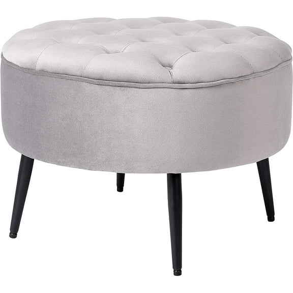 BirdRock Home Tufted Round Ottoman Velvet Foot Stool, 24", Grey